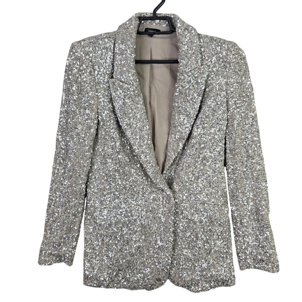 Womens Express Silver Sequin Blazer Jacket Single Button Breasted Polyester XS